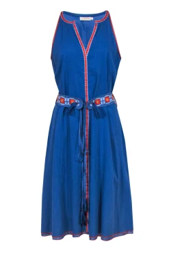 Tory Burch - Blue Sleeveless Belted Midi Dress w/ Embroidered Trim Sz 10