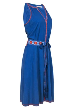 Tory Burch - Blue Sleeveless Belted Midi Dress w/ Embroidered Trim Sz 10
