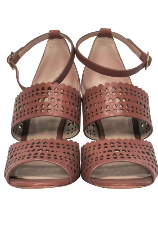 Tory Burch - Brown Perforated "Nutria" Ankle Wrap Wedge Sandal Sz 9