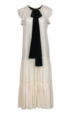 Tory Burch - Cream Ruffle Sleeve Maxi Dress w/ Black Ribbon Sz 4