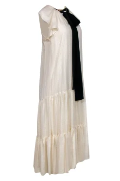 Tory Burch - Cream Ruffle Sleeve Maxi Dress w/ Black Ribbon Sz 4
