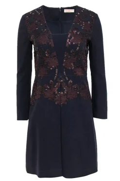 Tory Burch - Dark Navy Long Sleeve Embroidered Mini Dress w/ Beading Sz 2