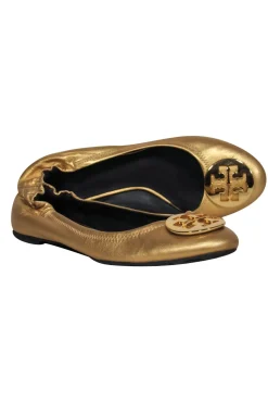 Tory Burch - Gold Leather "Reva" Ballet Flats w/ Gold-Toned Logo Sz 10.5