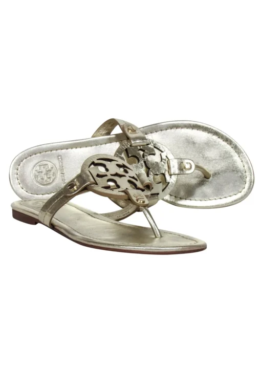 Tory Burch - Gold Metallic Logo Toe Thong Flip Flops Sz 6