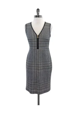 Tory Burch - Green & Cream Houndstooth Leather Trim Dress Sz 2