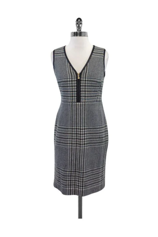 Tory Burch - Green & Cream Houndstooth Leather Trim Dress Sz 2