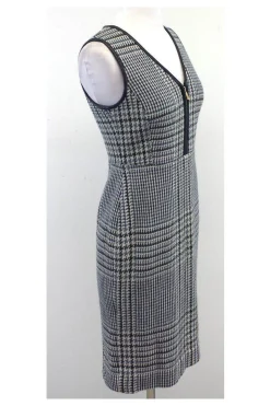 Tory Burch - Green & Cream Houndstooth Leather Trim Dress Sz 2