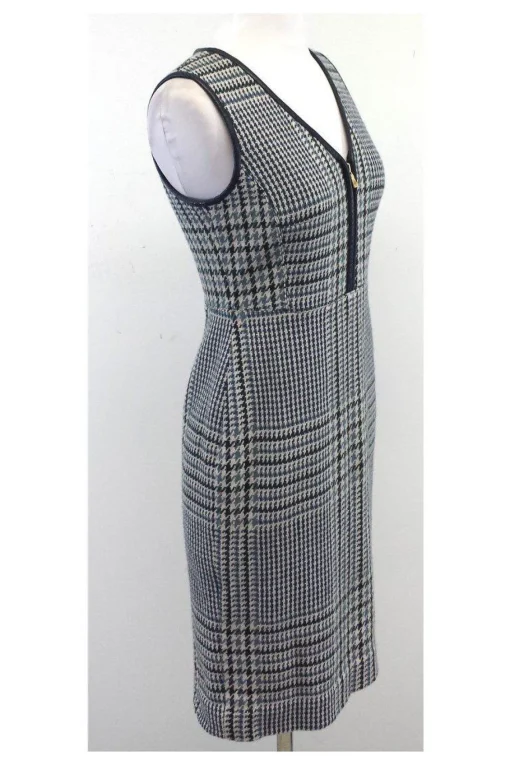 Tory Burch - Green & Cream Houndstooth Leather Trim Dress Sz 2