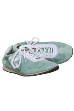 Tory Burch - Mint Suede & Leather “Tory” Sneakers w/ White Leather Trim & Logo Sz 8.5