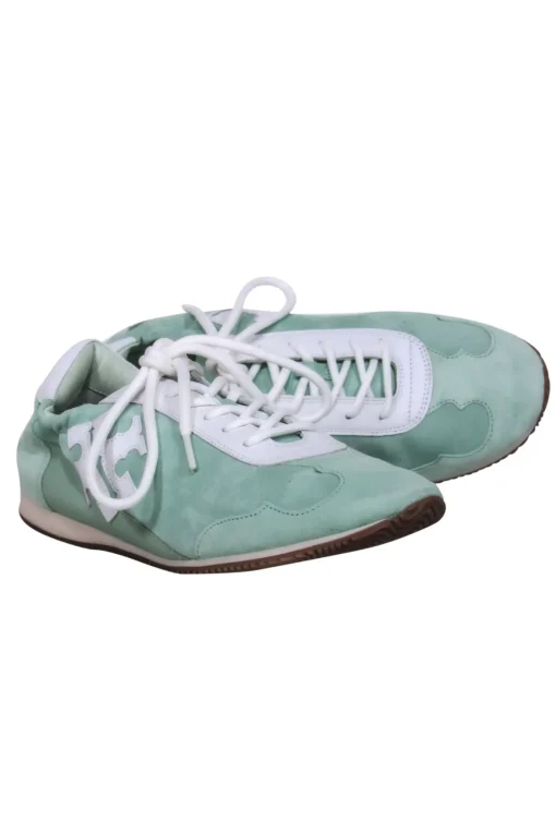 Tory Burch - Mint Suede & Leather “Tory” Sneakers w/ White Leather Trim & Logo Sz 8.5