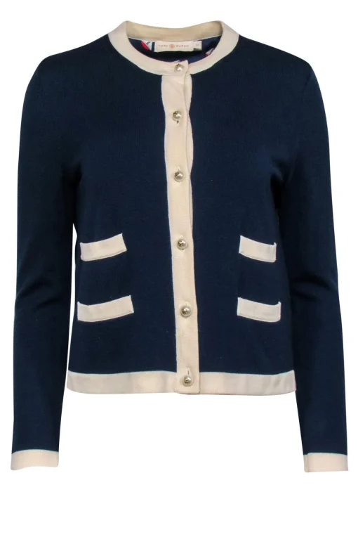 Tory Burch - Nautical Navy Wool Cardigan w/ Pearl Button Accents Sz S
