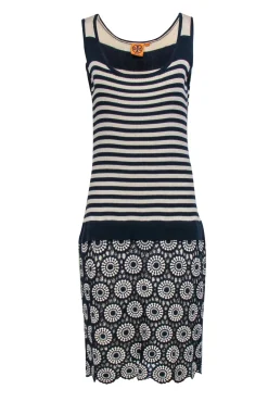 Tory Burch - Navy & Cream Knit Drop Waist Midi Dress Sz XL
