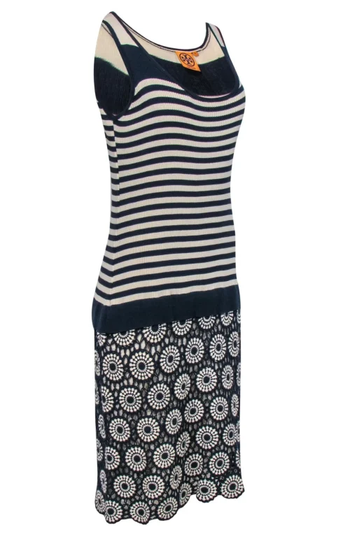 Tory Burch - Navy & Cream Knit Drop Waist Midi Dress Sz XL