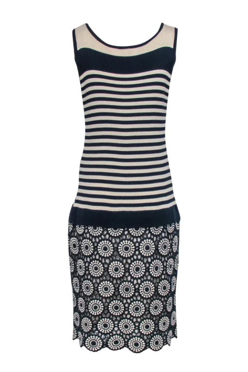 Tory Burch - Navy & Cream Knit Drop Waist Midi Dress Sz XL
