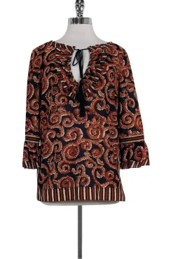 Tory Burch - Navy & Rust Orange Print Top Sz 8