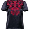 Tory Burch - Navy Satin Short Sleeve Blouse w/ Beading & Appliques Sz 2