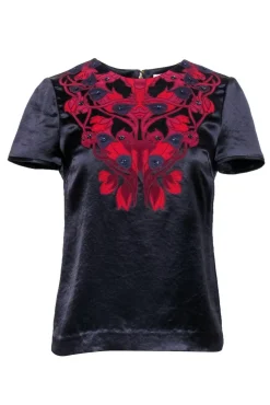 Tory Burch - Navy Satin Short Sleeve Blouse w/ Beading & Appliques Sz 2