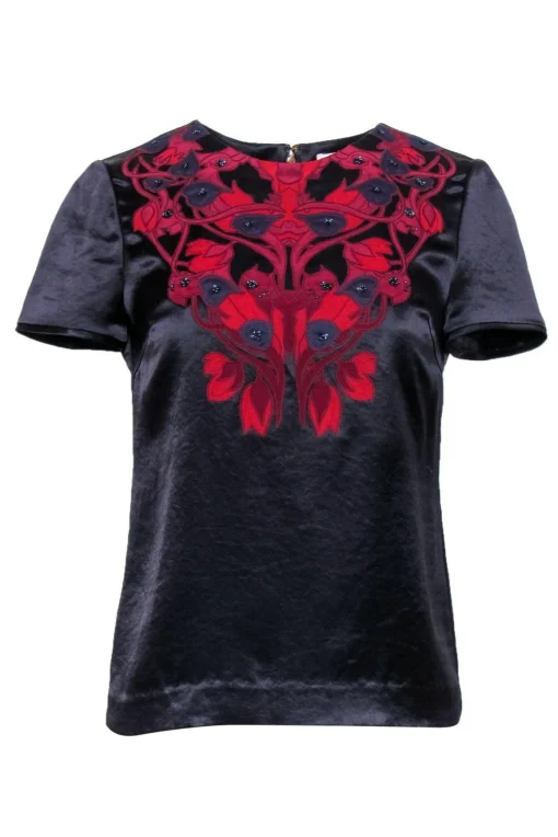 Tory Burch - Navy Satin Short Sleeve Blouse w/ Beading & Appliques Sz 2