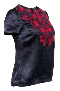 Tory Burch - Navy Satin Short Sleeve Blouse w/ Beading & Appliques Sz 2