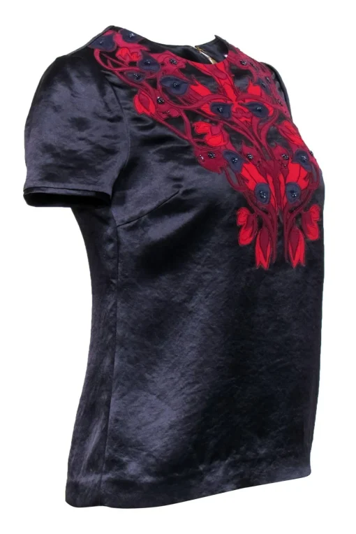 Tory Burch - Navy Satin Short Sleeve Blouse w/ Beading & Appliques Sz 2