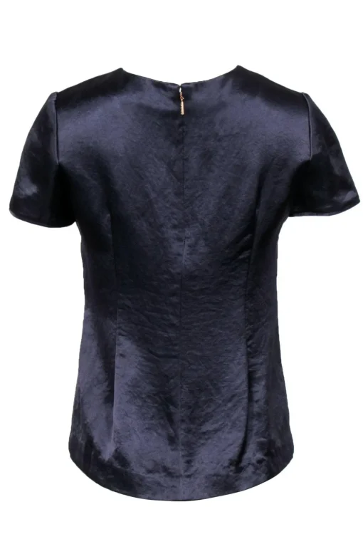 Tory Burch - Navy Satin Short Sleeve Blouse w/ Beading & Appliques Sz 2