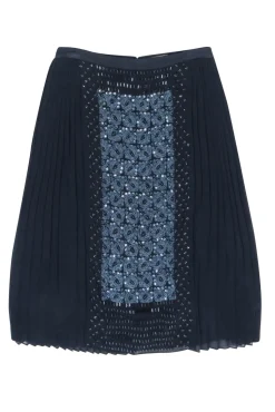 Tory Burch - Navy Silk Pleated Beaded Front Skirt Sz 6