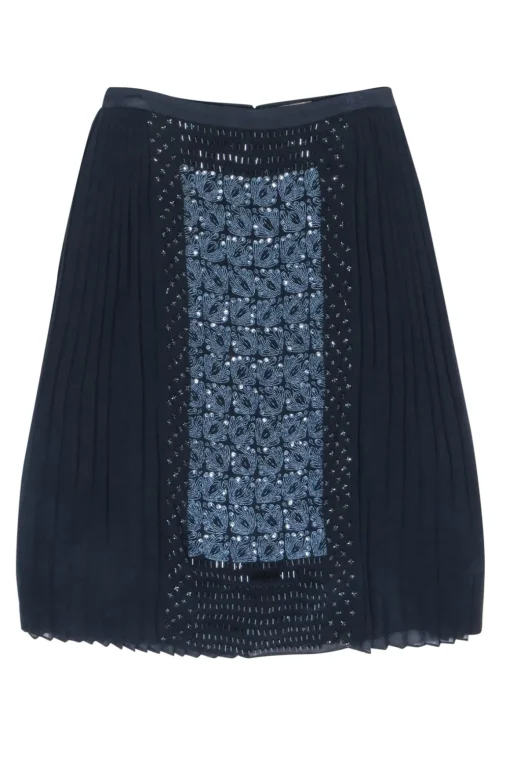 Tory Burch - Navy Silk Pleated Beaded Front Skirt Sz 6
