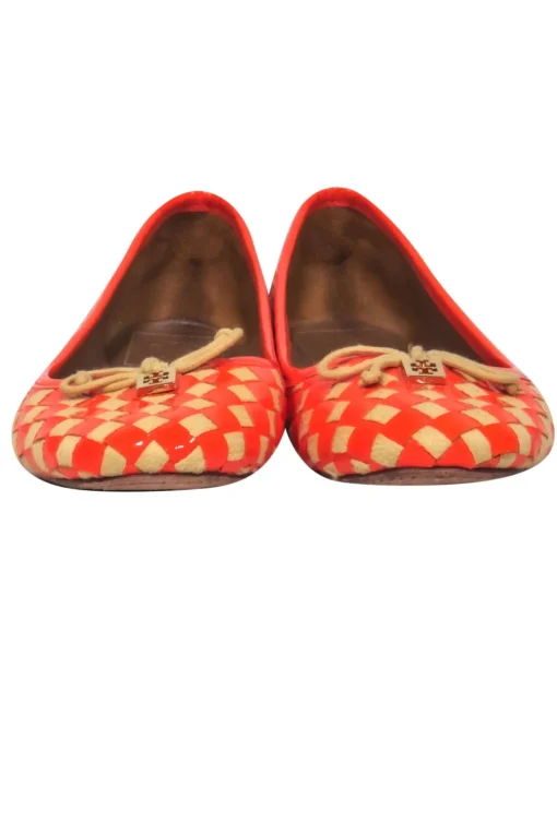 Tory Burch - Orange & Beige Patent Leather & Woven Checkered Flats w/ Logo Sz 8
