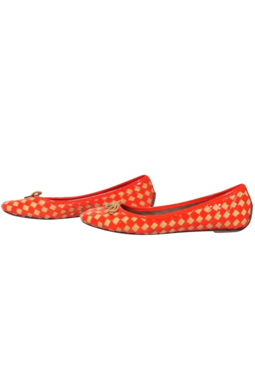 Tory Burch - Orange & Beige Patent Leather & Woven Checkered Flats w/ Logo Sz 8