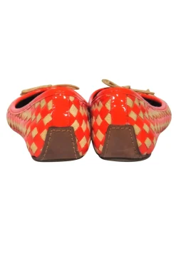 Tory Burch - Orange & Beige Patent Leather & Woven Checkered Flats w/ Logo Sz 8