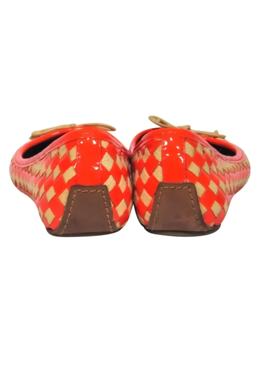 Tory Burch - Orange & Beige Patent Leather & Woven Checkered Flats w/ Logo Sz 8