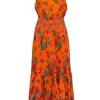 Tory Burch - Orange & Multi Color Smocked Waist Sleeveless Maxi Dress Sz S