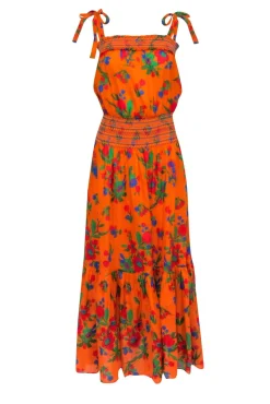 Tory Burch - Orange & Multi Color Smocked Waist Sleeveless Maxi Dress Sz S