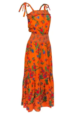 Tory Burch - Orange & Multi Color Smocked Waist Sleeveless Maxi Dress Sz S