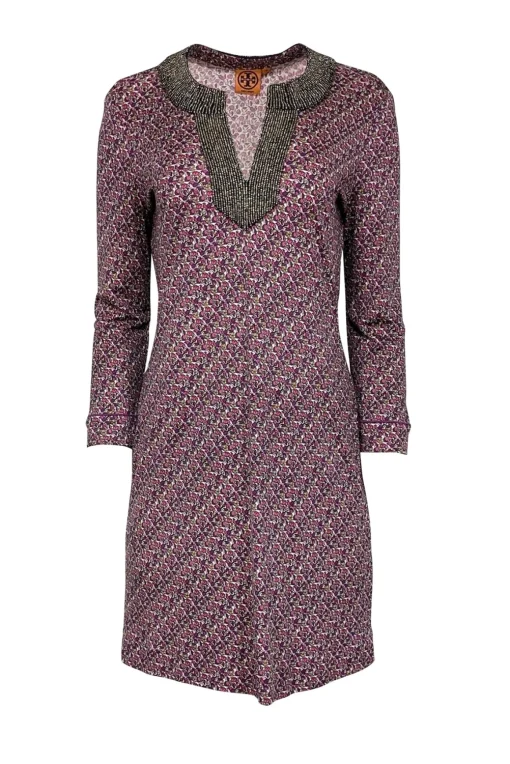 Tory Burch - Pink, Purple, & White Floral Print Dress w/  Beaded Trim Sz M