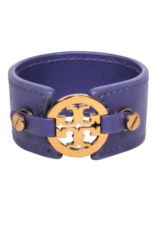 Tory Burch - Purple Leather Cuff w/ Gold Logo Bracelet