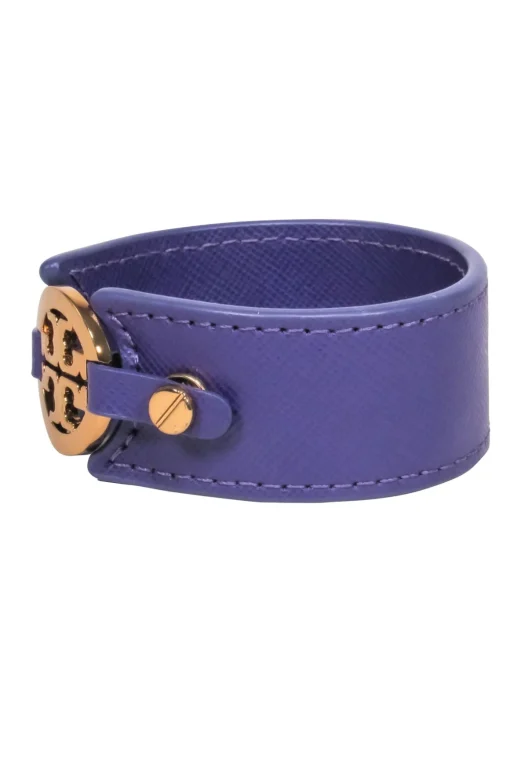 Tory Burch - Purple Leather Cuff w/ Gold Logo Bracelet