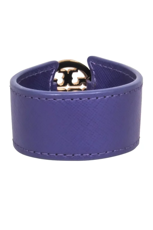 Tory Burch - Purple Leather Cuff w/ Gold Logo Bracelet