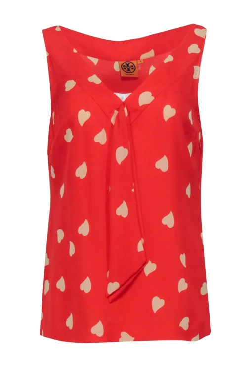 Tory Burch - Red & Cream Heart Print Silk Tank w/ Tie Sz 8
