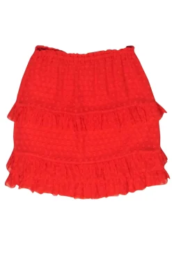 Tory Burch - Red Orange Floral Textured Ruffle Trim Skirt Sz S