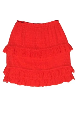 Tory Burch - Red Orange Floral Textured Ruffle Trim Skirt Sz S