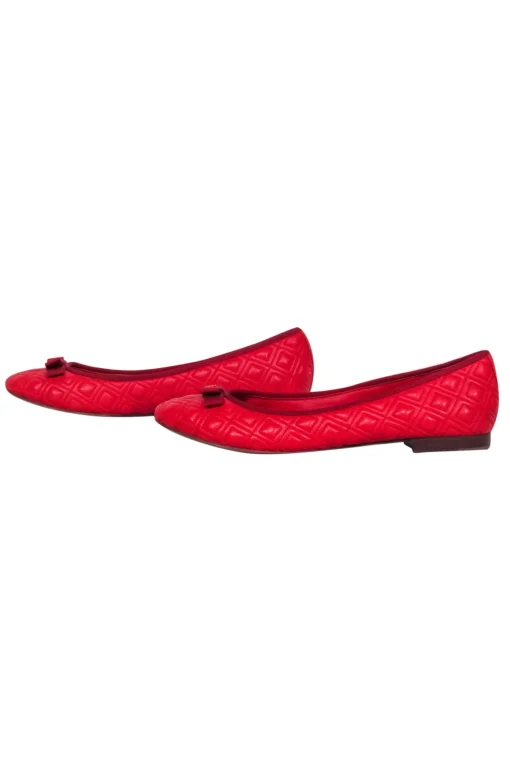 Tory Burch - Red Quilted Leather Ballet Flats w/ Logo Embellished Bow Sz 7.5