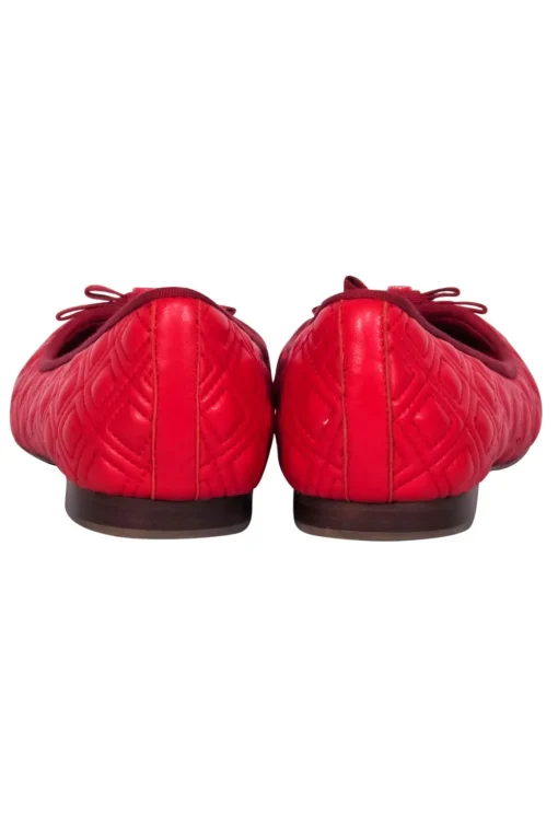 Tory Burch - Red Quilted Leather Ballet Flats w/ Logo Embellished Bow Sz 7.5