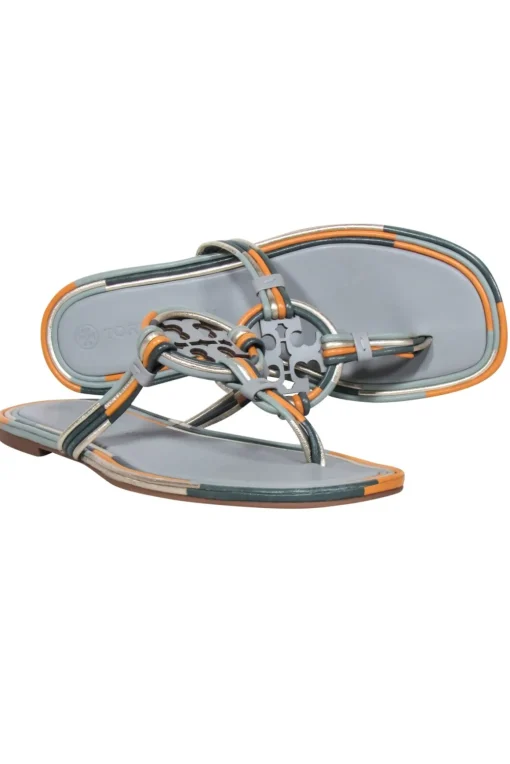 Tory Burch - Sage & Orange Trim Leather Logo Thong Flip-Flops Sz 8