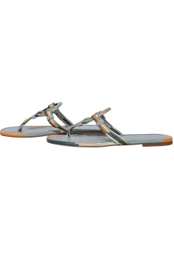 Tory Burch - Sage & Orange Trim Leather Logo Thong Flip-Flops Sz 8