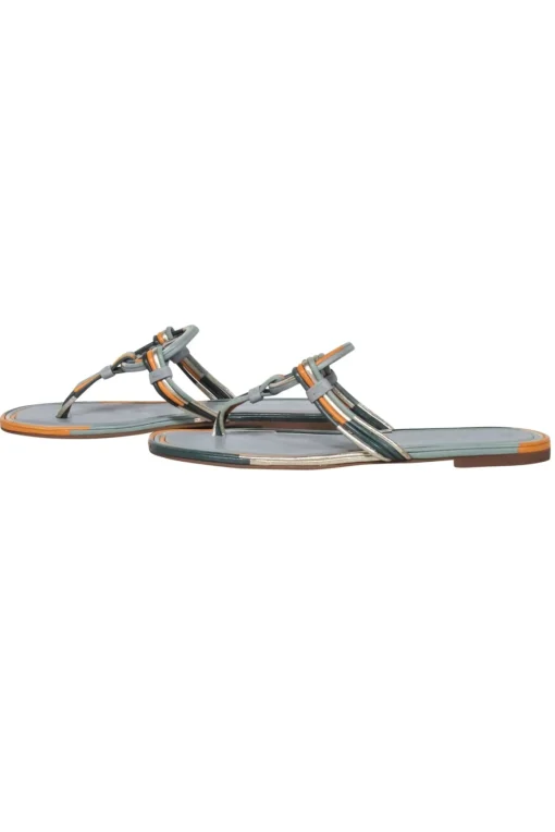 Tory Burch - Sage & Orange Trim Leather Logo Thong Flip-Flops Sz 8