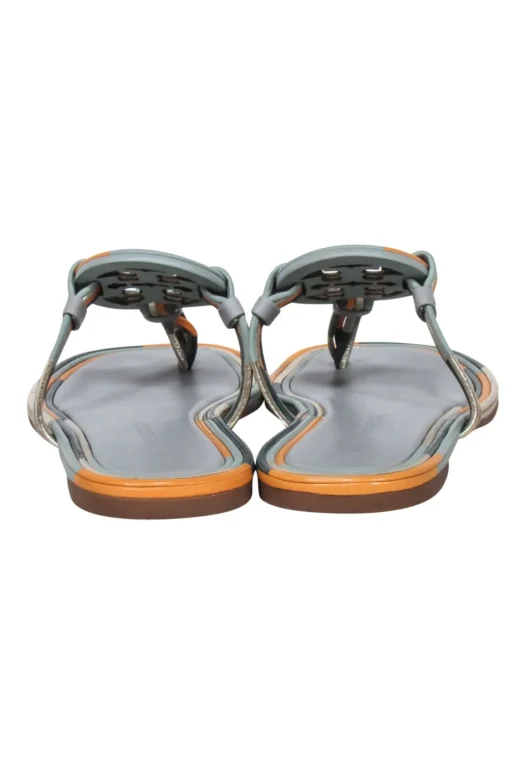 Tory Burch - Sage & Orange Trim Leather Logo Thong Flip-Flops Sz 8