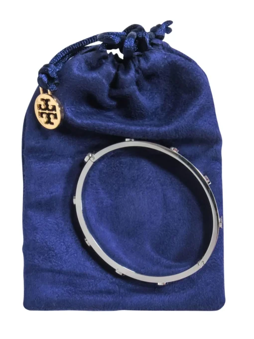 Tory Burch - Silver 'T' Logo "Miller Stud Hinge" Bracelet