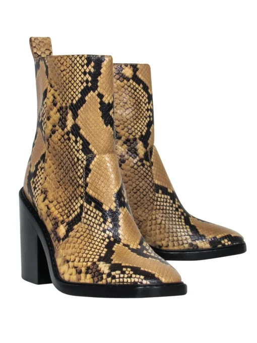 Tory Burch - Tan & Black Snakeskin Embossed Mid-Calf Heeled Booties Sz 9.5
