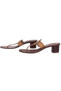 Tory Burch - Tan Logo Thong Leather Sandals w/ Block Heel Sz 7.5